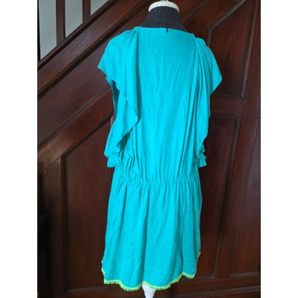 Trina Turk Aqua Crochet V-Neck Dress With Tassels & Drawstring Waist - Picture 4 of 7